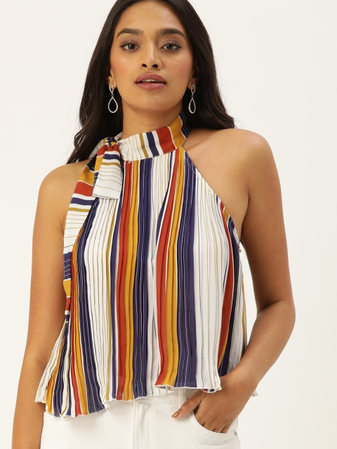 

FOREVER 21 Women Multicoloured Striped A-Line Top With Accordion Pleats & Tie-Ups, Multi