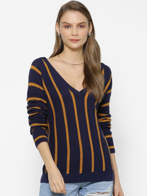 

FOREVER 21 Women Navy Blue And Mustard Striped Pullover Sweater