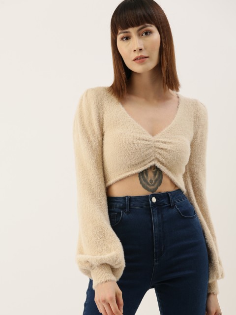

FOREVER 21 Women Beige Solid Pullover Sweater