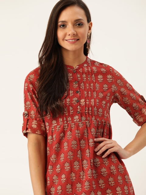

Taavi Women Rust Red & Beige Bagru Hand Block Print Pure Cotton Top