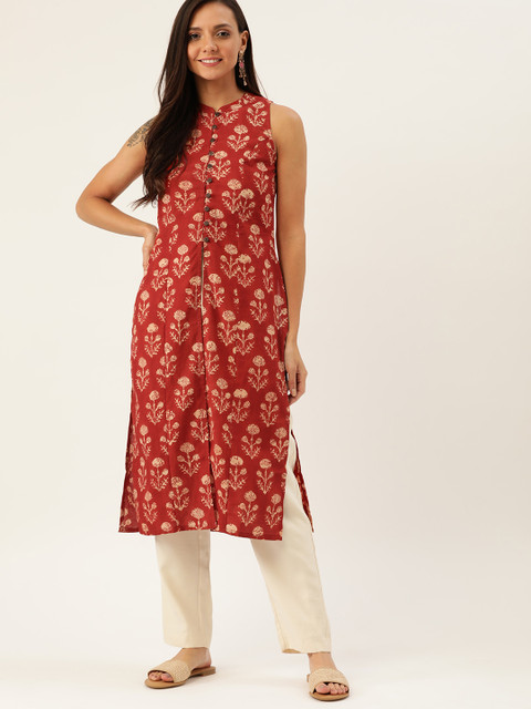 

Taavi Women Rust Red & Beige Bagru Hand Block Print Sustainable Kurta