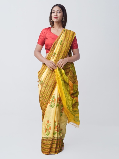 

Unnati Silks Yellow & Orange Pure Silk Printed Handloom Saree