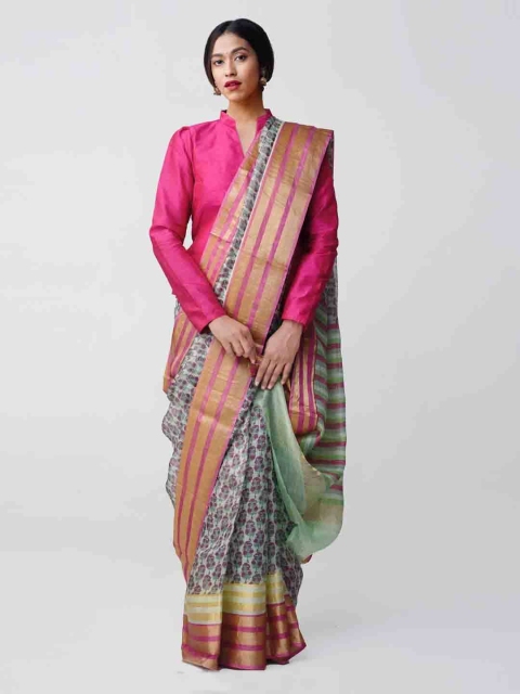 

Unnati Silks Green & Pink Printed Pure Kota Silk Handloom Sustainable Saree