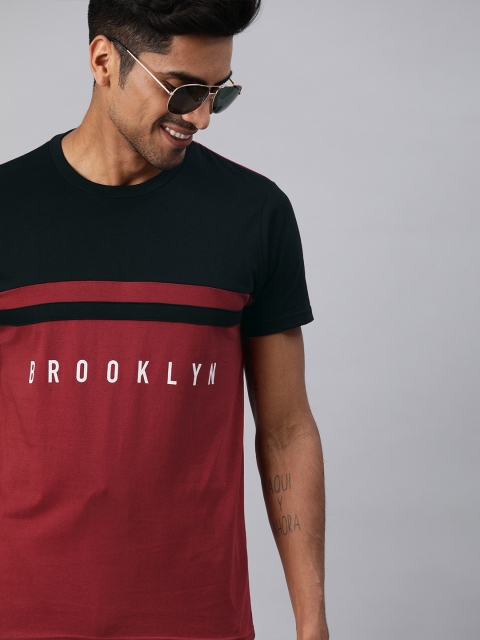 

HERENOW Men Maroon Black Colourblocked Round Neck Pure Cotton T-shirt