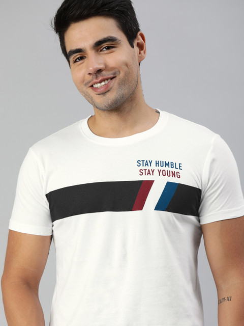 

HERENOW Men White Striped Mandarin Collar Pure Cotton T-shirt