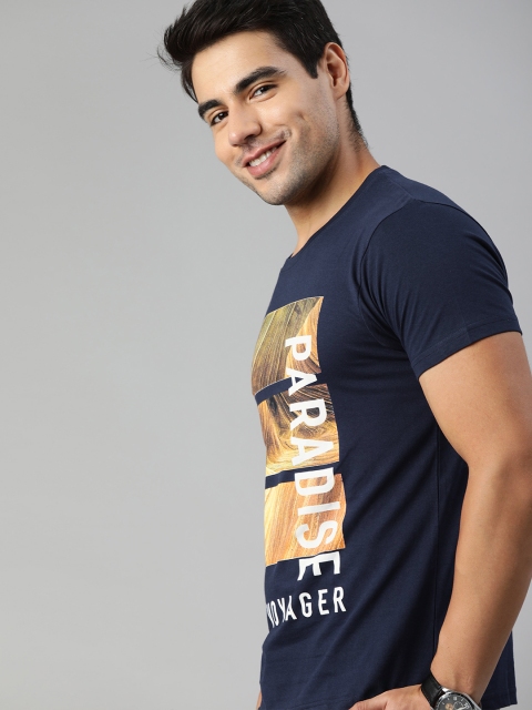 

HERENOW Men Navy Blue Printed Round Neck Pure Cotton T-shirt