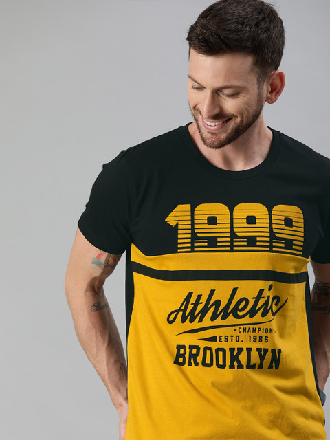 

HERENOW Men Mustard Yellow Black Colourblocked Round Neck Pure Cotton T-shirt