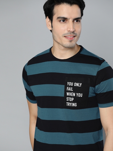 

HERE&NOW Men Teal Blue & Black Striped Round Neck T-shirt