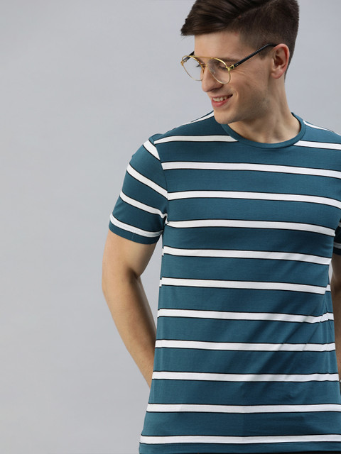 

HERE&NOW Men Blue Striped Round Neck T-shirt
