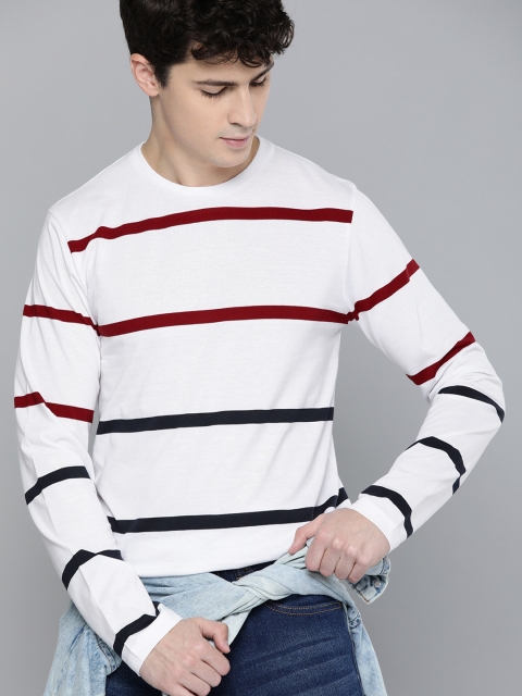 

HERE&NOW Men White & Maroon Striped Round Neck T-shirt