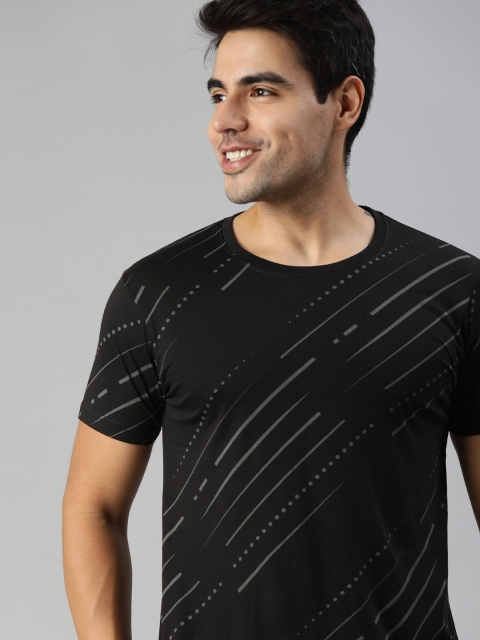 

HERENOW Men Black Grey Striped Round Neck Pure Cotton T-shirt