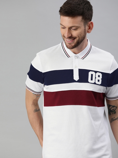 

HERE&NOW Men White & Navy Blue Colourblocked Polo Collar T-shirt