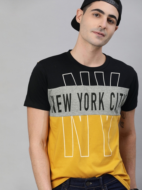 

HERE&NOW Men Mustard Yellow & Black Colourblocked Round Neck T-shirt