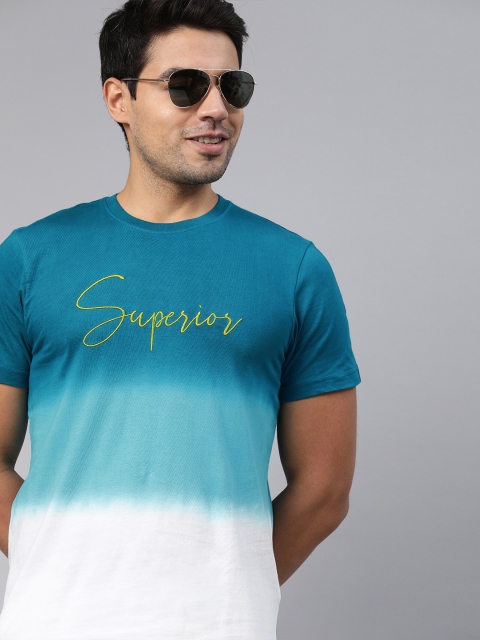 

HERE&NOW Men Teal Blue & White Ombre Design Round Neck T-shirt