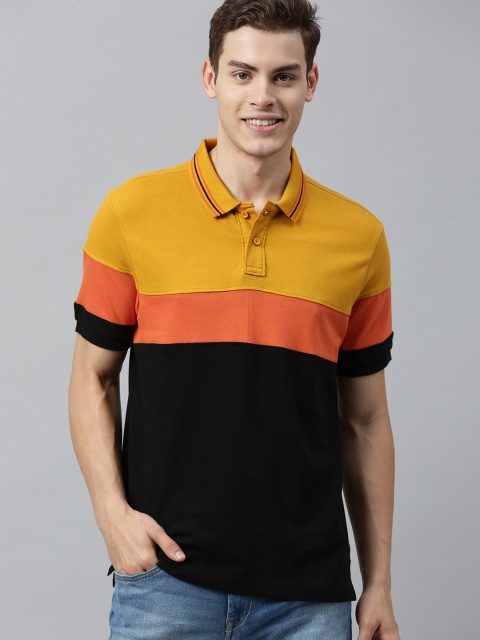

HERENOW Men Black Mustard Yellow Colourblocked Polo Collar Pure Cotton T-shirt