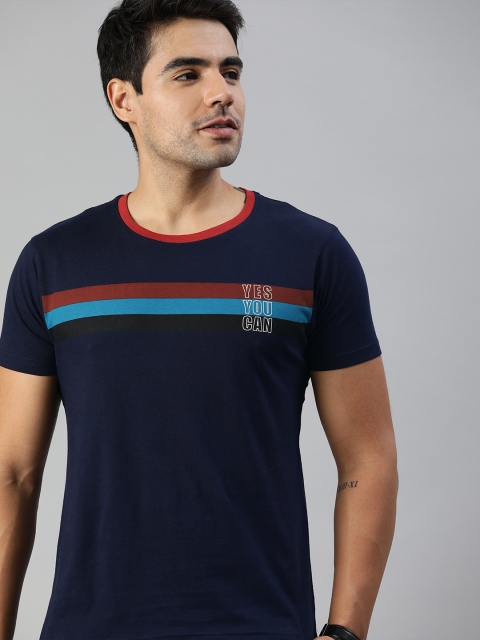 

HERE&NOW Men Navy Blue Striped Round Neck T-shirt