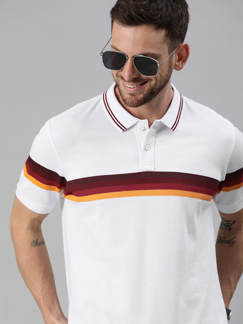 

HERE&NOW Men White & Yellow Striped Polo Collar T-shirt