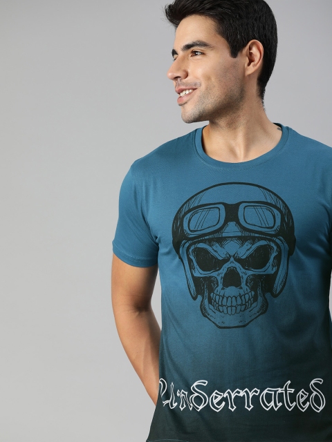 

HERENOW Men Teal Blue Black Graphic Printed Round Neck Pure Cotton T-shirt