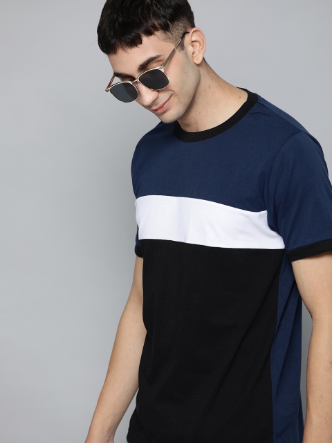 

HERE&NOW Men Navy & White Colourblocked Round Neck T-shirt, Navy blue