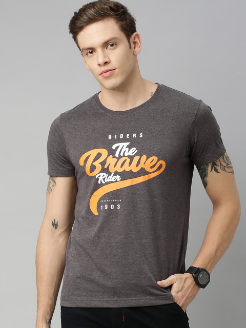 

HERE&NOW Men Charcoal Grey Printed Round Neck T-shirt