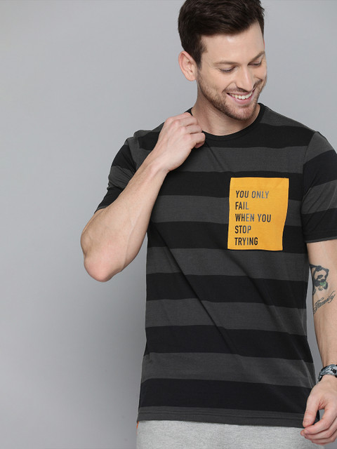 

HERE&NOW Men Charcoal Grey & BlackStriped Round Neck T-shirt with Pocket Detailing