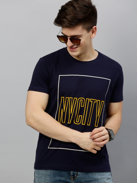 

HERENOW Men Navy Blue Printed Round Neck Pure Cotton T-shirt