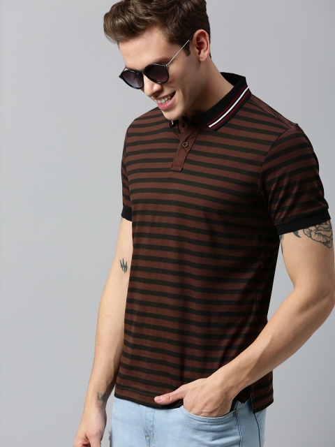 

HERE&NOW Men Coffee Brown & Black Striped Polo Collar T-shirt