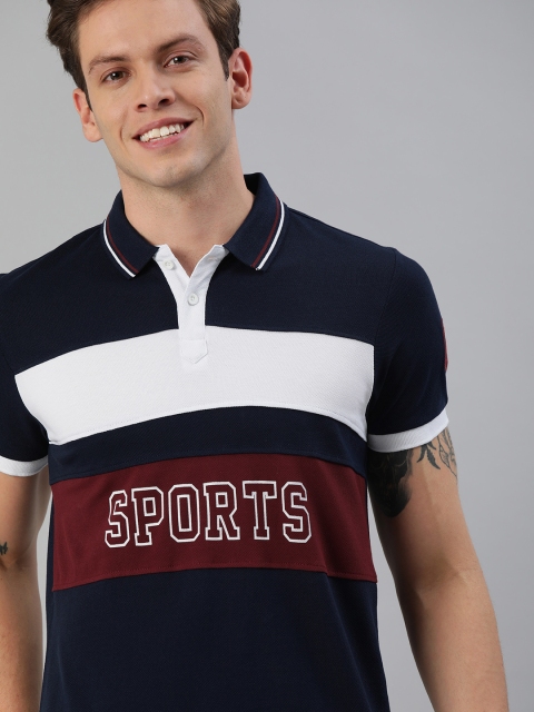 

HERE&NOW Men Navy Blue & White Colourblocked Polo Collar T-shirt