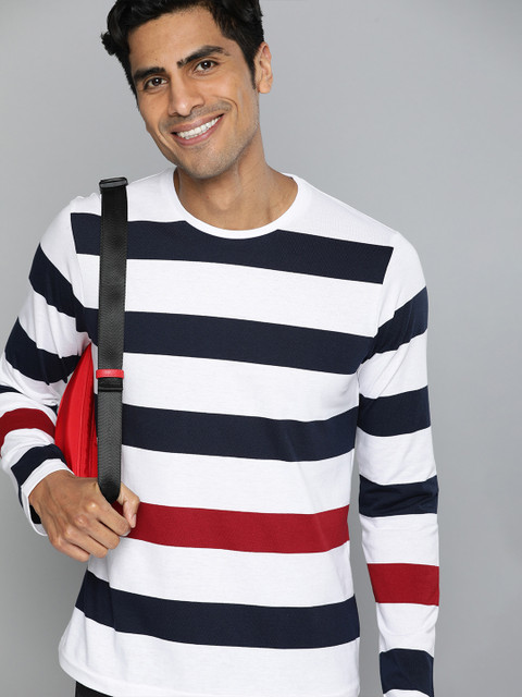 

HERE&NOW Men White & Navy Blue Striped Round Neck T-shirt
