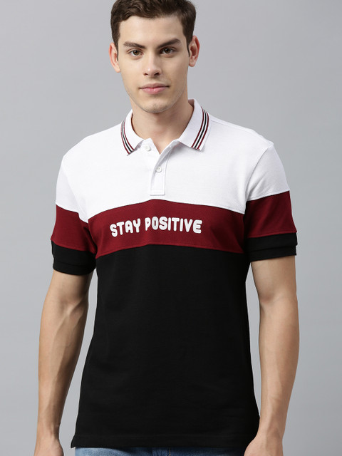 

HERE&NOW Men Black & White Colourblocked Polo Collar T-shirt With Printed Detailing