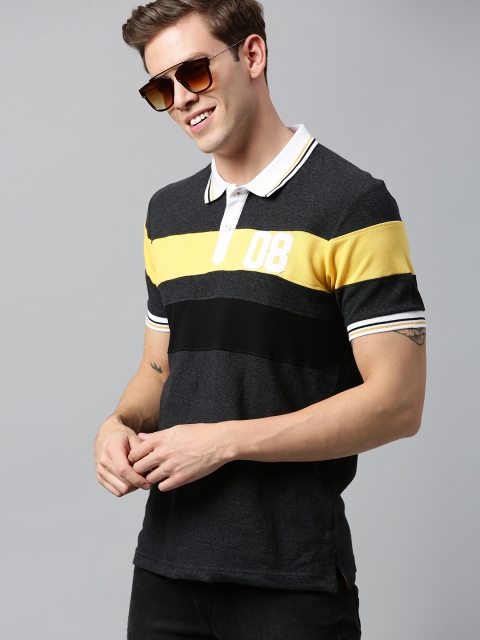 

HERE&NOW Men Charcoal Grey & Yellow Colourblocked Polo Collar T-shirt