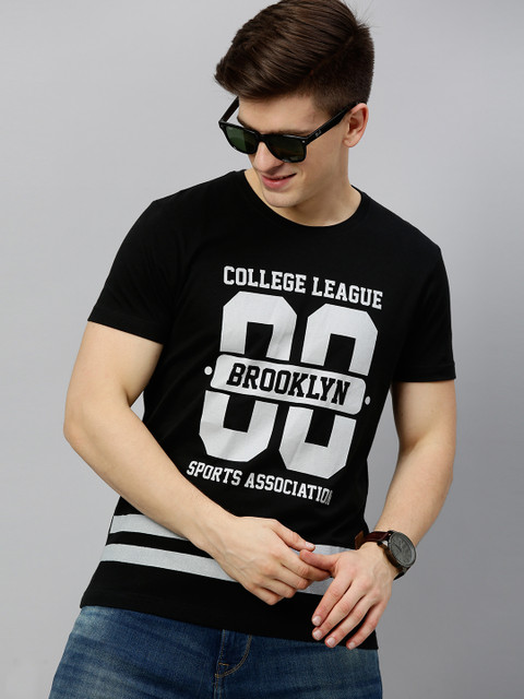 

HERE&NOW Men Black Printed Round Neck T-shirt