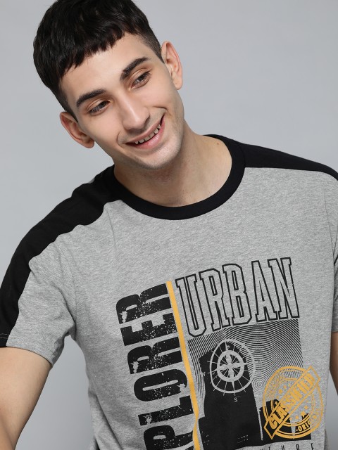

HERE&NOW Men Grey Melange & Black Typography Printed Round Neck T-shirt