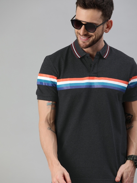 

HERE&NOW Men Charcoal Striped Polo Collar T-shirt