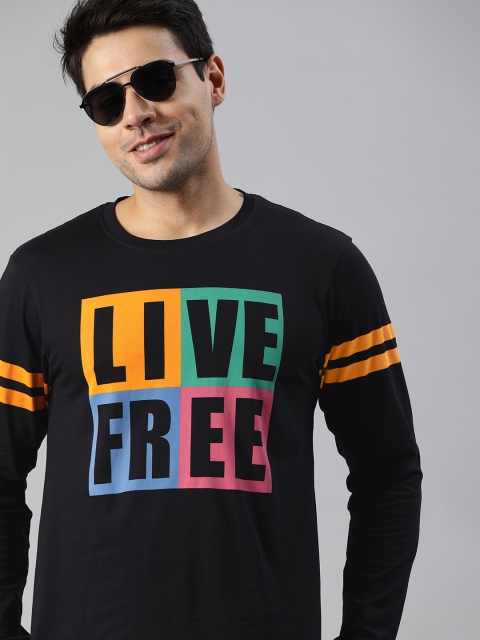 

HERENOW Men Black Printed Round Neck Pure Cotton T-shirt
