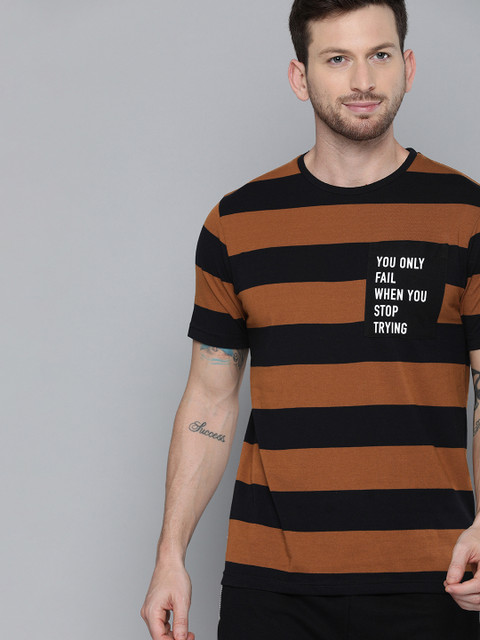 

HERE&NOW Men Rust Brown & Black Striped Round Neck T-shirt with Pocket Detailing
