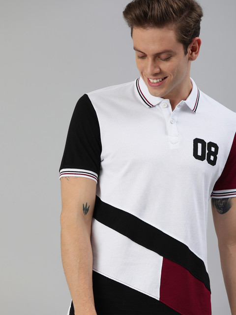 

HERENOW Men White Colourblocked Polo Collar Pure Cotton T-shirt With Applique