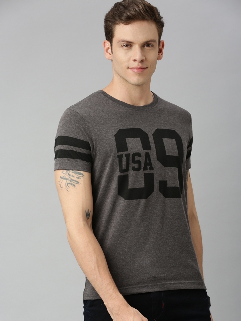 

HERE&NOW Men Charcoal Grey Melange & Black Printed Round Neck T-shirt