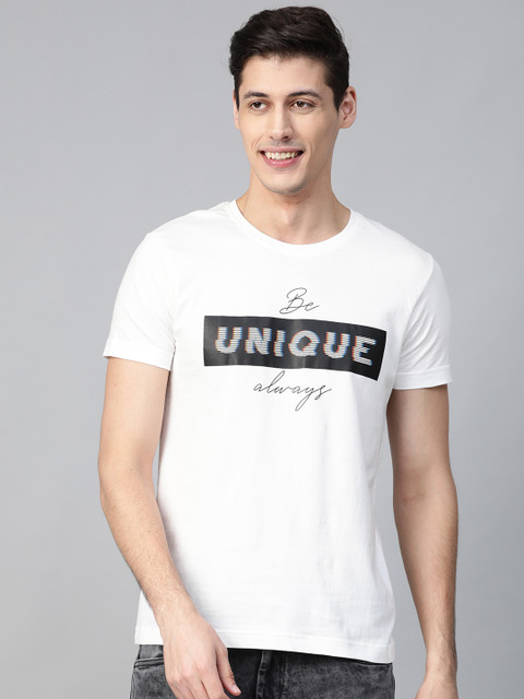 

HERE&NOW Men White & Black Printed Round Neck T-shirt