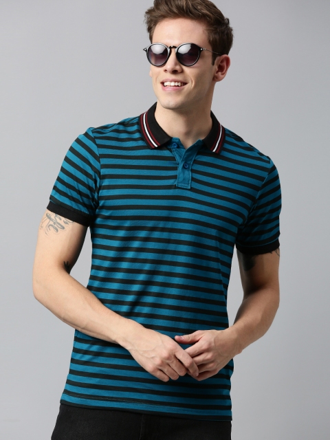 

HERE&NOW Men Teal Blue & Black Striped Polo Collar T-shirt