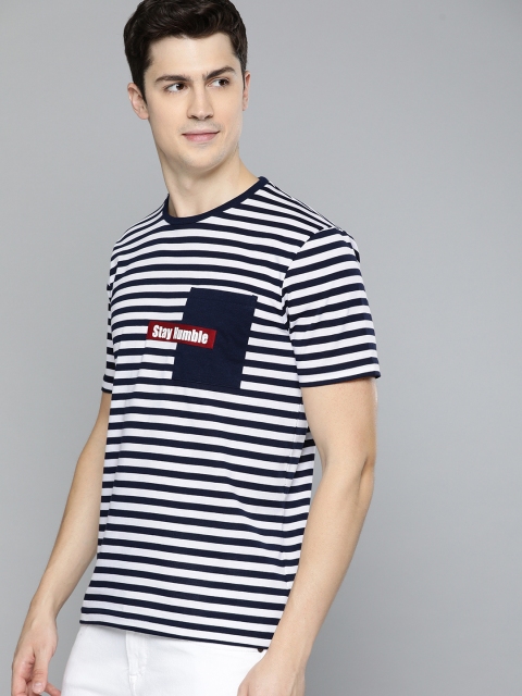 

HERE&NOW Men Navy Blue & White Striped Round Neck T-shirt