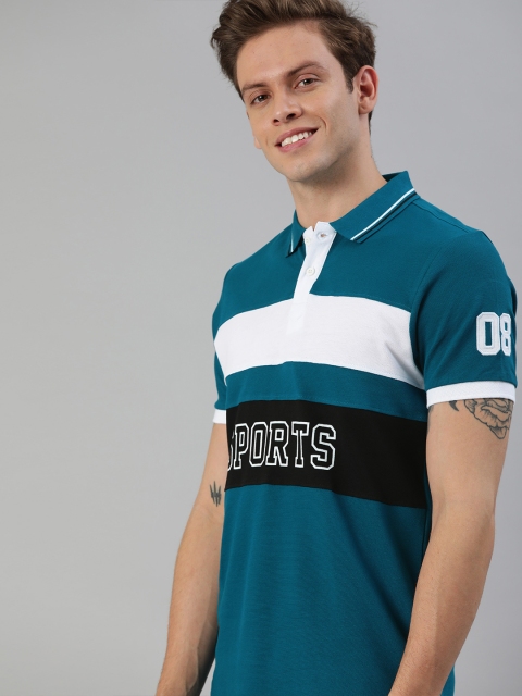 

HERE&NOW Men Teal Green Striped Polo Collar T-shirt With Applique