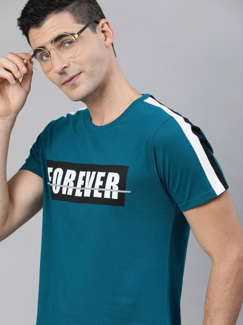 

HERE&NOW Men Teal Blue Printed Round Neck T-shirt
