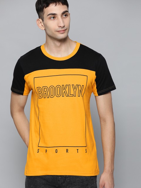 

HERE&NOW Men Mustard Yellow & Black Typography Printed Round Neck T-shirt