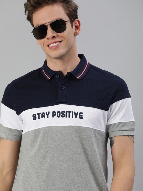 

HERE&NOW Men Grey & Navy Blue Colourblocked Polo Collar T-shirt