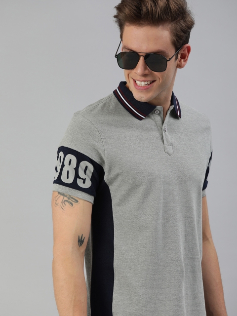 

HERE&NOW Men Grey Melange Solid Polo Collar T-shirt With Printed Detailing