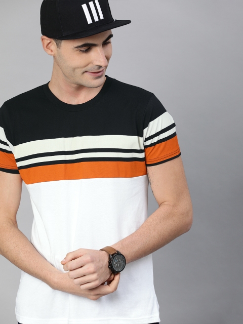 

HERE&NOW Men White & Black Striped Round Neck T-shirt