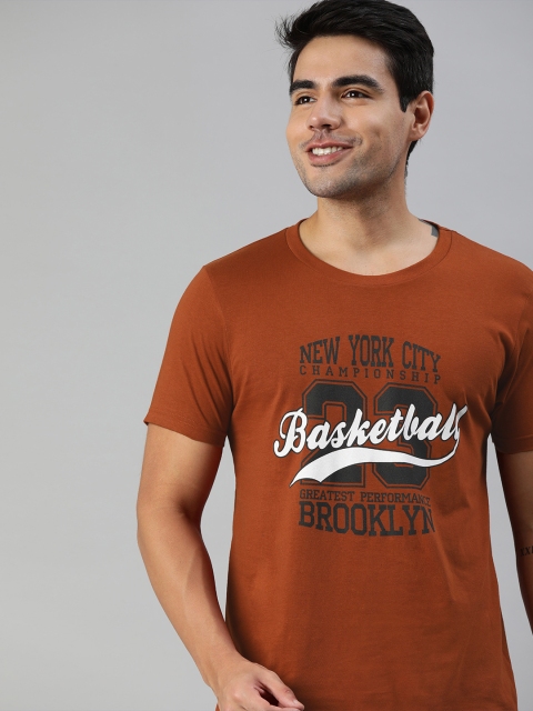 

HERE&NOW Men Rust Brown & White Printed Round Neck T-shirt