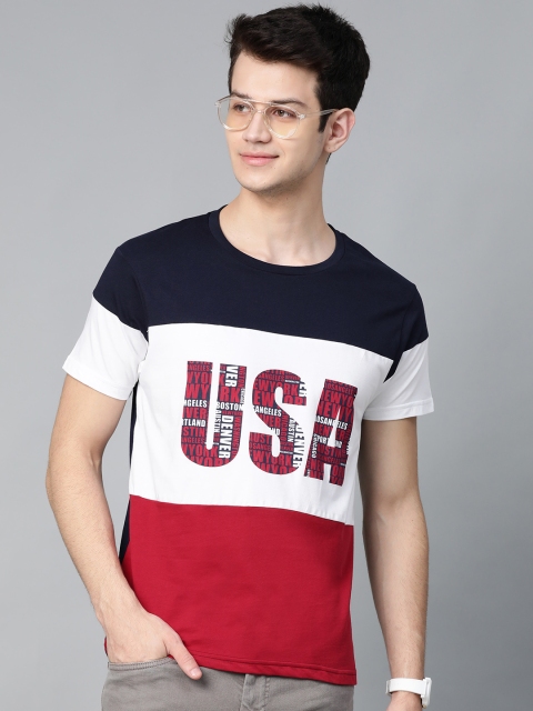 

HERE&NOW Men White & Red Colourblocked Round Neck T-shirt
