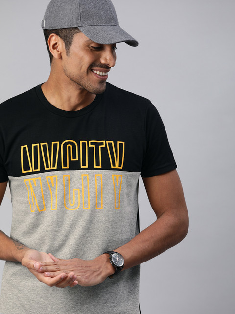

HERENOW Men Black Colourblocked Round Neck Pure Cotton T-shirt